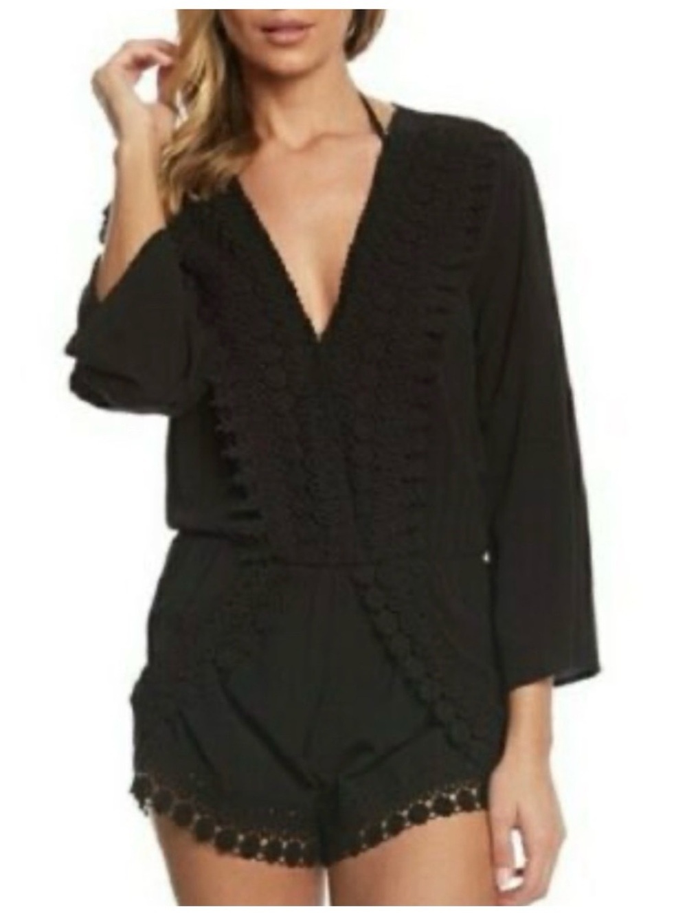 La blanca Black Crochet Trim V-Neck Romper size M